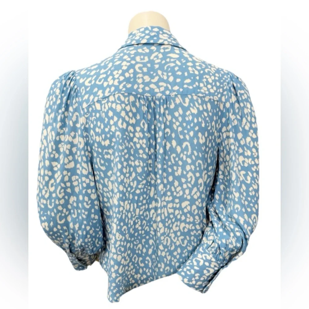 ZARA Blue Leopard Print Puff Sleeve Button Blouse Small